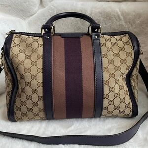 100% Authentic GUCCI Boston Brown&Purple GG Cloth Satchel